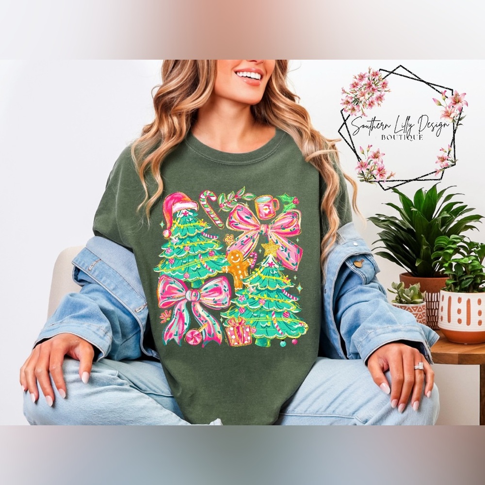 Comfort Colors Preppy Festive Green Christmas Graphic T-Shirt